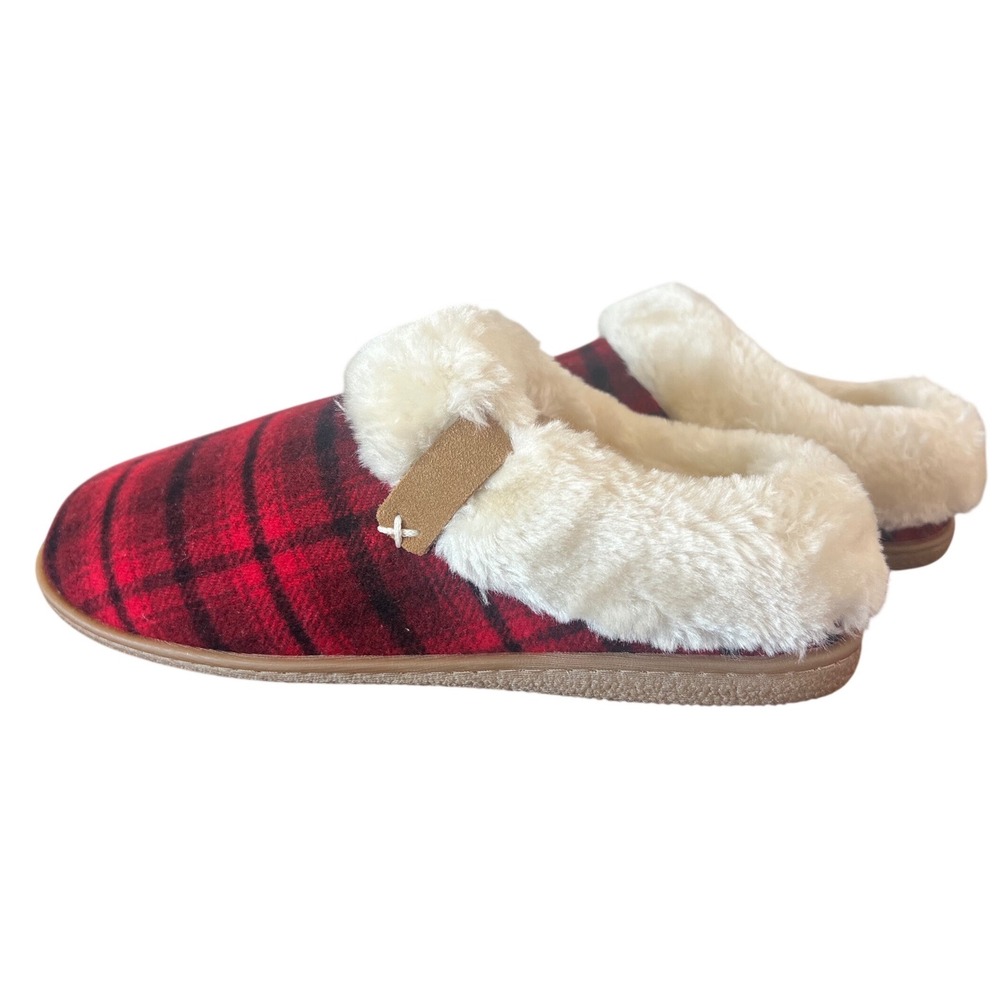 Minnetonka Womens Red Black Plaid Faux Fur Clog Slippers Size 9M